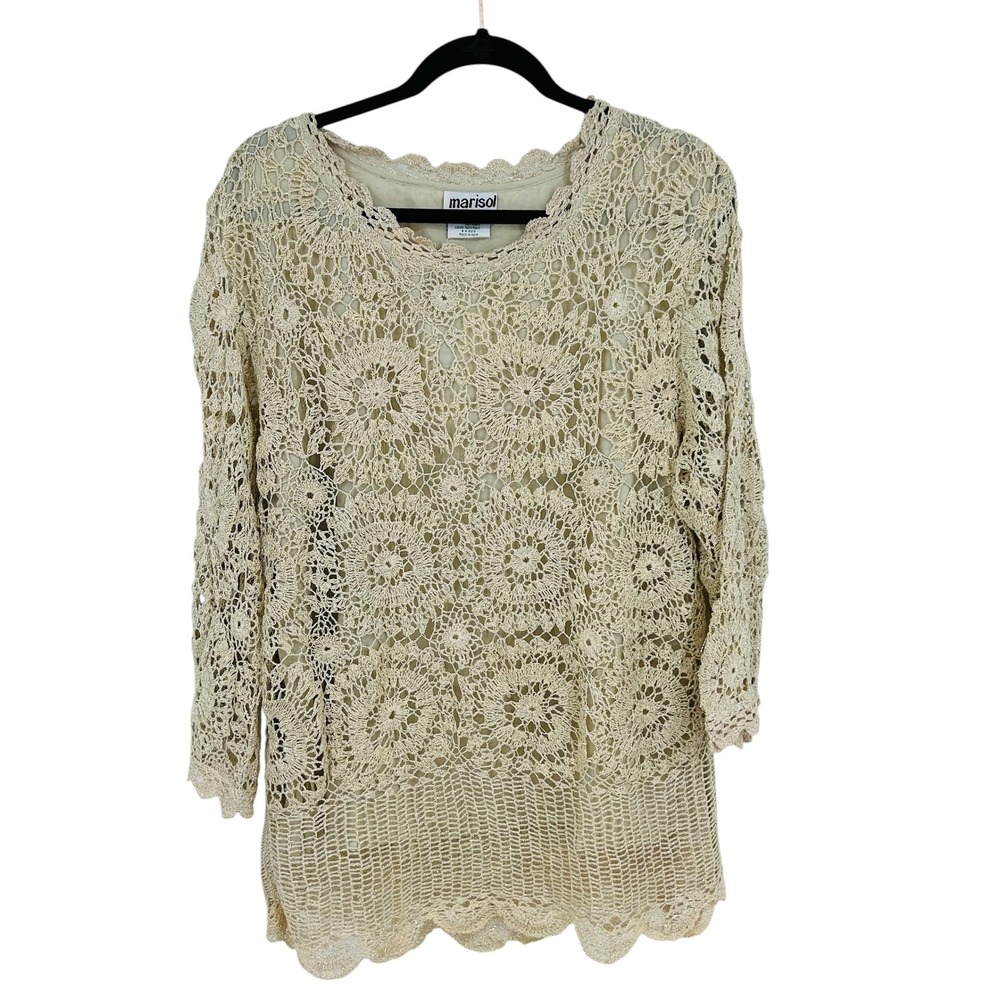Marisol Crochet Tunic Top Metallic‎ Lurex Beige Tan Lined 1X